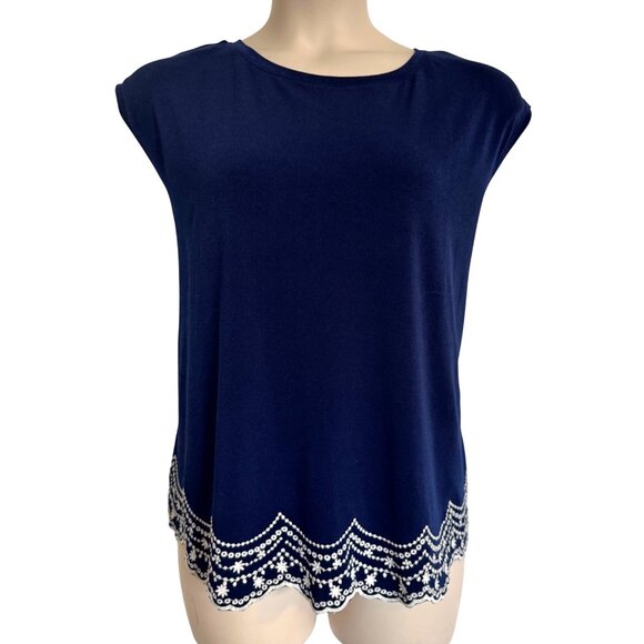 Elle Tops - Elle Royal Blue Scalloped Hem Embroidered Size XXL White Trim Sleeveless EUC